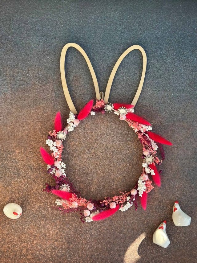 SŁODZIAK Wianek z suszonych roślin, kolorowy wianek wiosenny z uszkami zająca
