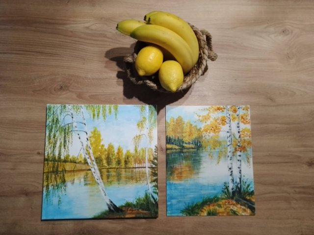ZESTAW RĘCZNIE MALOWANYCH OBRAZÓW - BRZOZOWY DYPTYK SŁONECZNA JESIEŃ - 1x 30x30cm + 1x 30x24cm