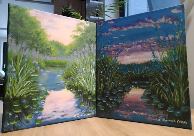 ZESTAW RĘCZNIE MALOWANYCH OBRAZÓW - DYPTYK NIEPOWTARZALNYCH BARW- 2x 30x24cm