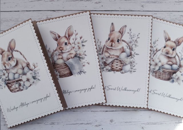 Zestaw 4 kartek wielkanocnych z życzeniami "Króliczki w koszyczkach"