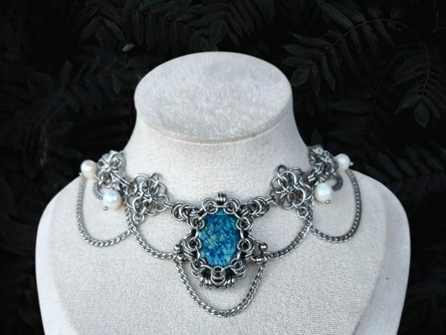UNIKAT chainmaille z niebieski chalcedon perły słodkowodne choker