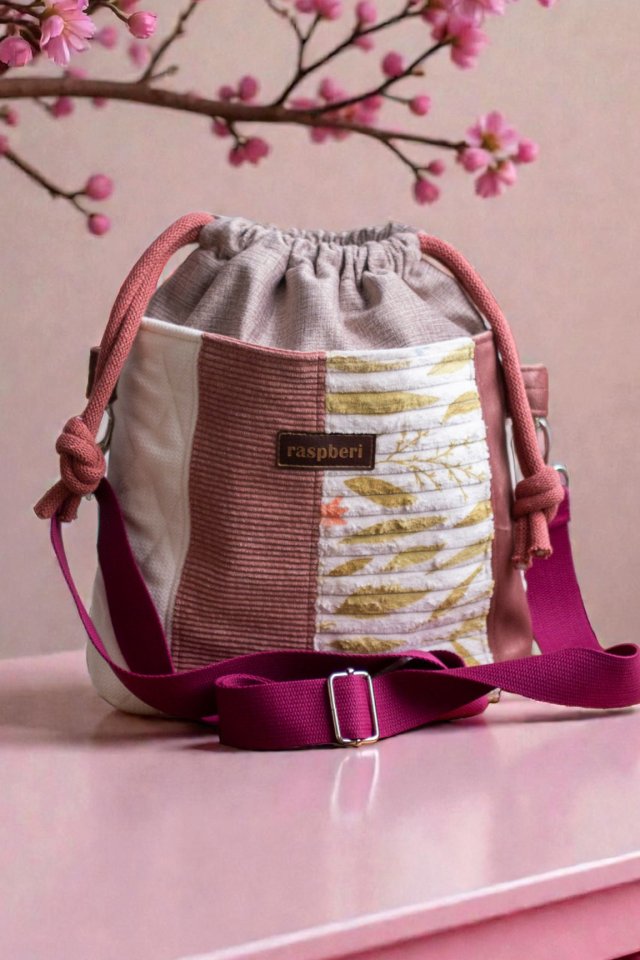 Beżowo-różowa patchworkowa listonoszka z kominem