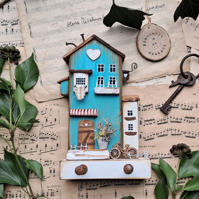 Wieszak turkusowy domek na klucze i drobiazgi