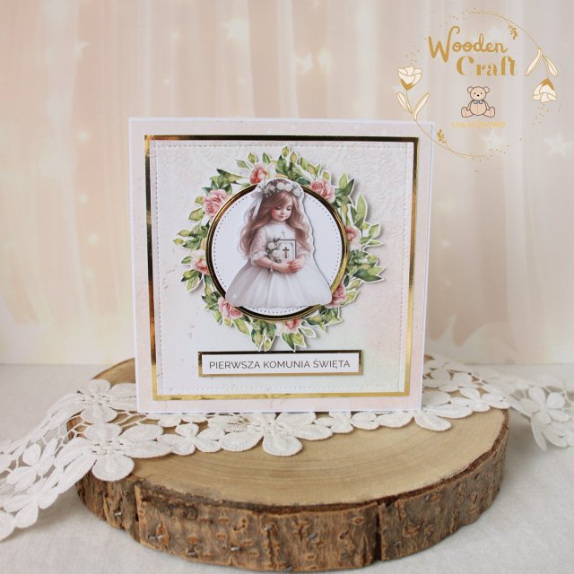 Kartka komunijna do koperty, Pamiątka Komunii, prezent "RoseWine3" GOTOWA