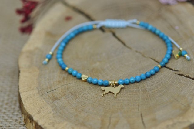 Flat coated retriever - bransoletka z turkusem, srebro pozłacane