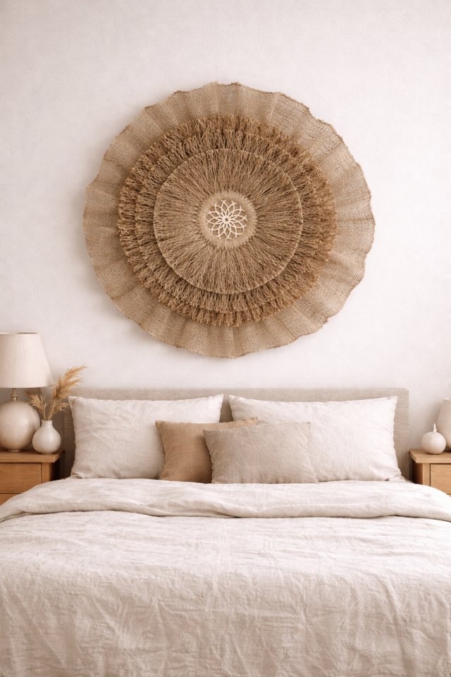 Duża okrągła dekoracja ścienna z juty, wianek