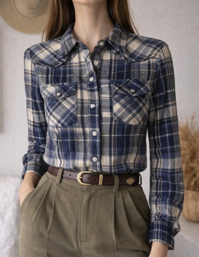 New Look Niebieska Flanelowa koszula w kratkę długa jesień bawełna