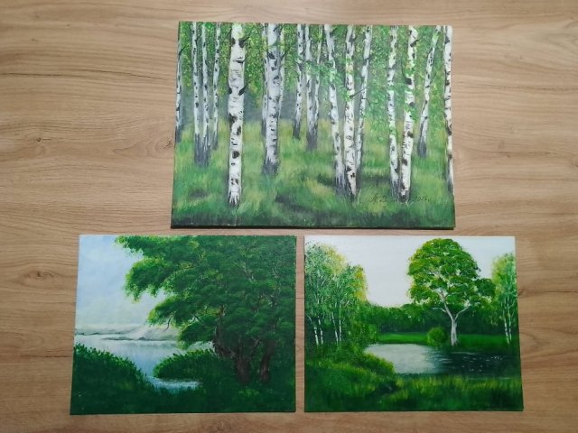 WYPRZEDAŻ KOLEKCJI - ZESTAW RĘCZNIE MALOWANYCH OBRAZÓW - ZIELONE PEJZAŻE - 2x 24x30cm + 1x 30x40cm