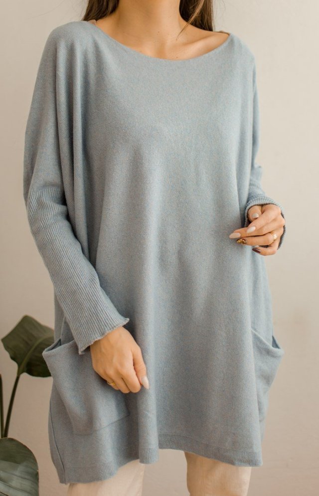 szaro-błękitny sweter z wełną merino XXL