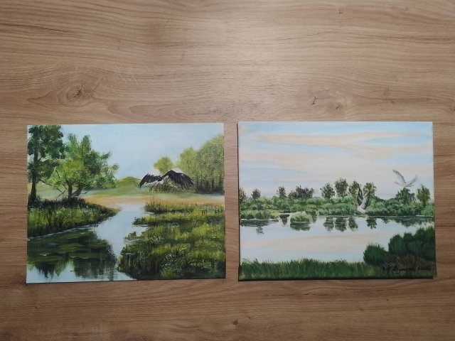 WYPRZEDAŻ KOLEKCJI - ZESTAW RĘCZNIE MALOWANYCH OBRAZÓW - NATURA I PTAKI - 2x 24x30cm