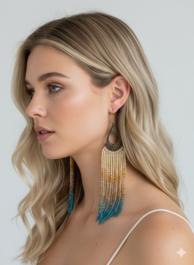 Kolczyki Frędzle Boho Lazurowa Kaskada