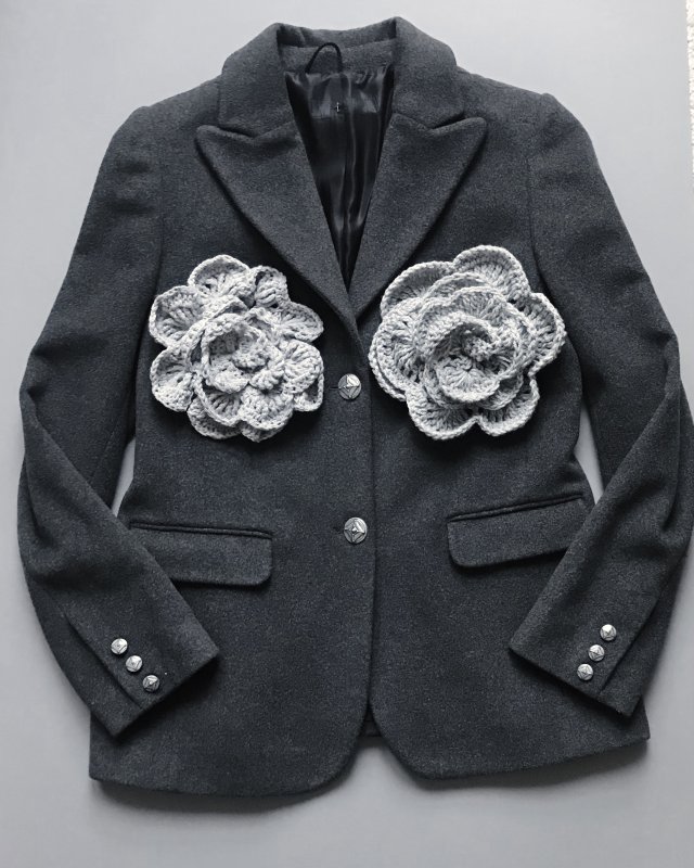Żakiet wełna szary wełniane kwiaty cudo M