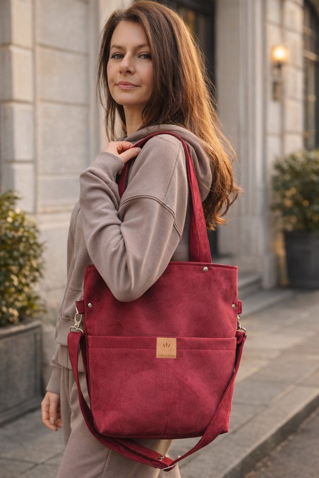 Zamszowa duża torba z kieszeniami Czerwona