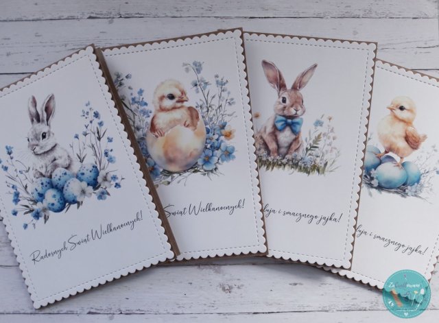 Zestaw 4 kartek wielkanocnych z życzeniami "Kurczaczki i zające"