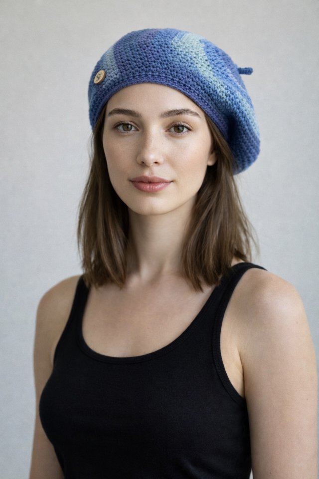 Wiosenny beret damski z antenką ręcznie robiony bawełna uniwersalny