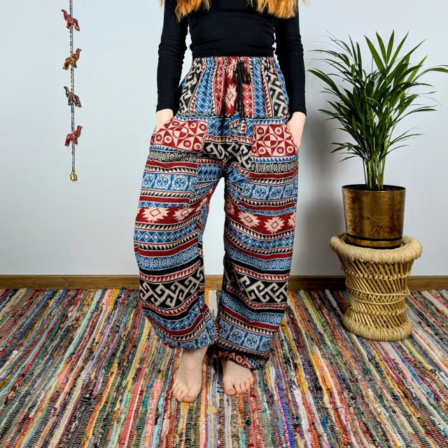 ciepłe spodnie nanda - niebiesko-czerwone | bawełniana włóczka | indie
