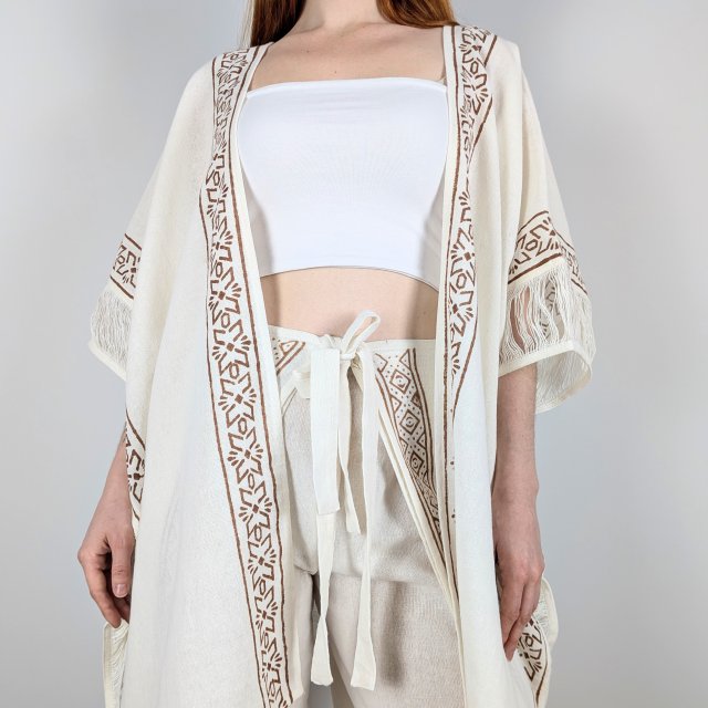 kimono boho indie | bawełna | ręczny stempel | ecru & brąz