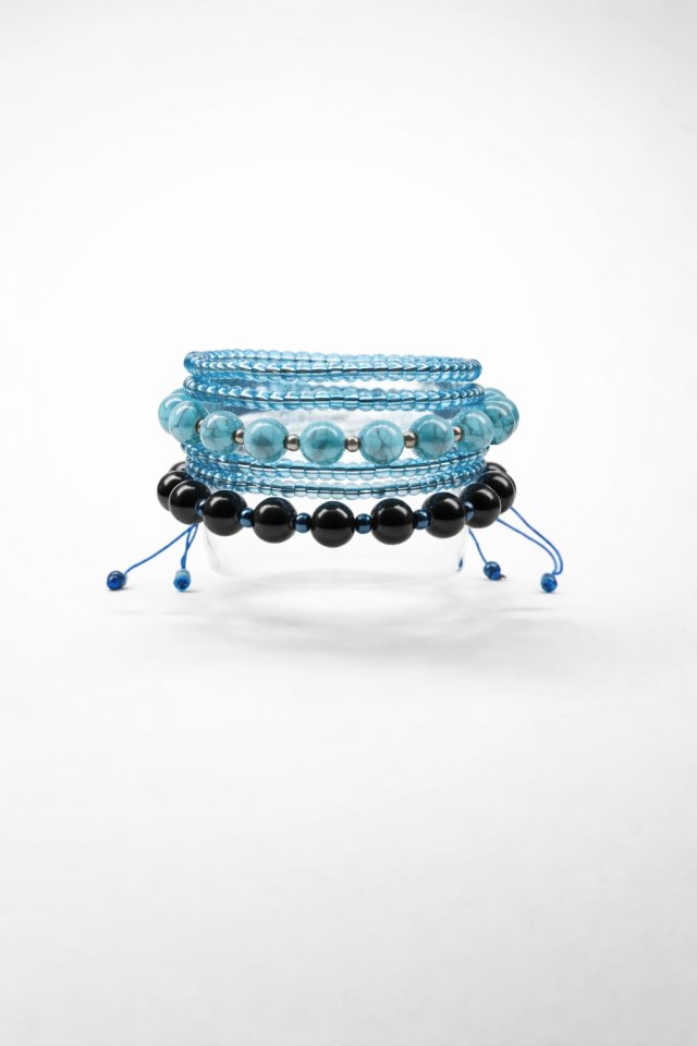 Bransoletka Akwamarynowy Trio-Stack Howlit Turkusowe Kulki