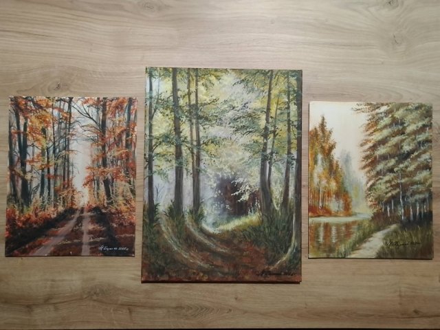 ZESTAW RĘCZNIE MALOWANYCH OBRAZÓW - TRYPTYK LEŚNY, POLSKI PEJZAŻ 1x 40x30cm, 2x 24x30cm