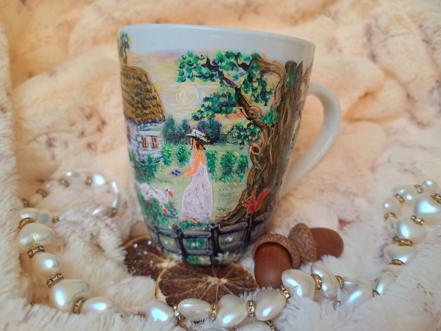 Wiejskie klimaty Wiejski kubek z gąskami ręcznie malowany 300 ml.