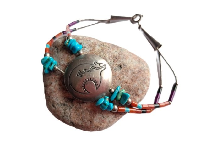 INDIAŃSKIA BRANSOLETKA - SREBRO I KAMIENIE - WYRZEŹBIONY NIEDŹWIEDŹ