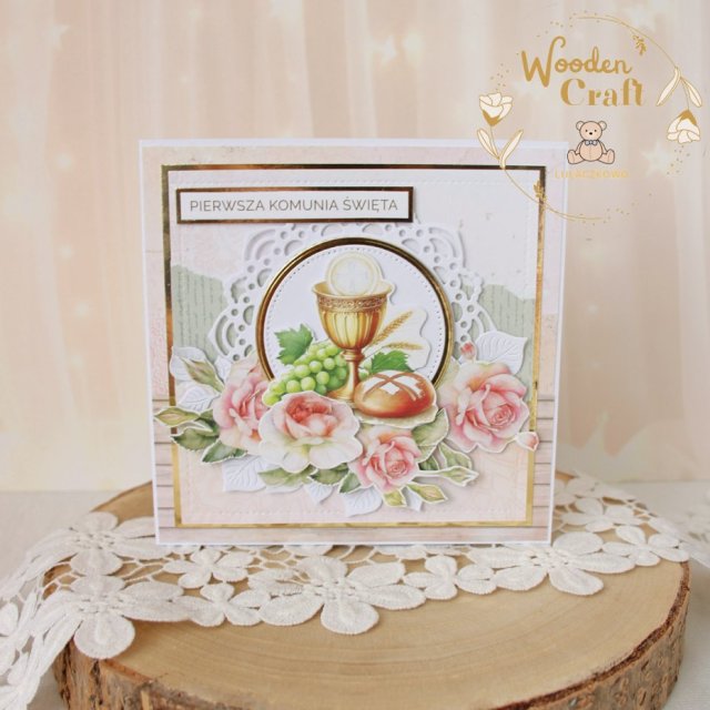 Kartka komunijna do koperty, Pamiątka Komunii, prezent "RoseWine5" GOTOWA