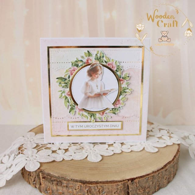 Kartka komunijna do koperty, Pamiątka Komunii, prezent "RoseWine6" GOTOWA