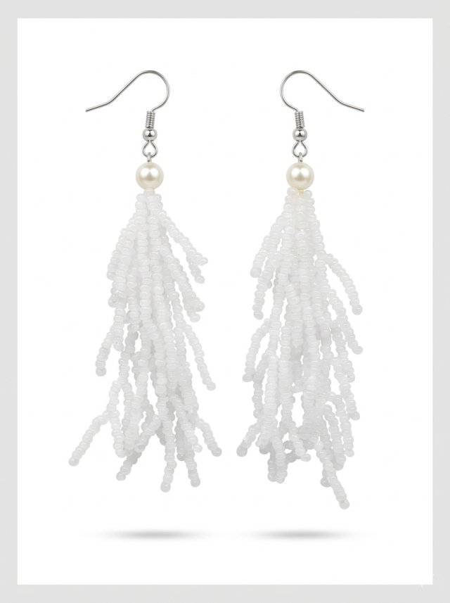 Długie Kolczyki Boho z Białych Koralików - Ślubne Kolczyki Chwosty z Perłą