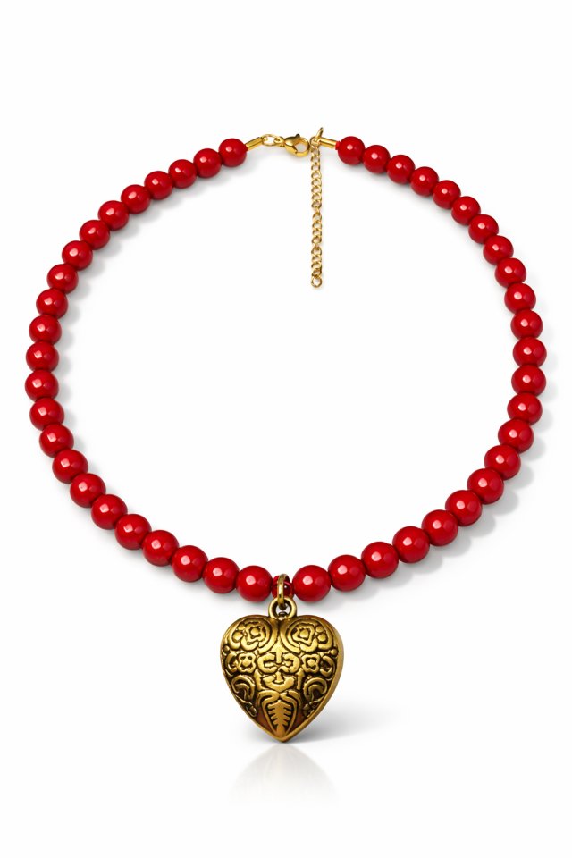 Naszyjnik z Czerwonych Korali z Grawerowanym Sercem w Kolorze Starego Złota - Styl Etno/Boho