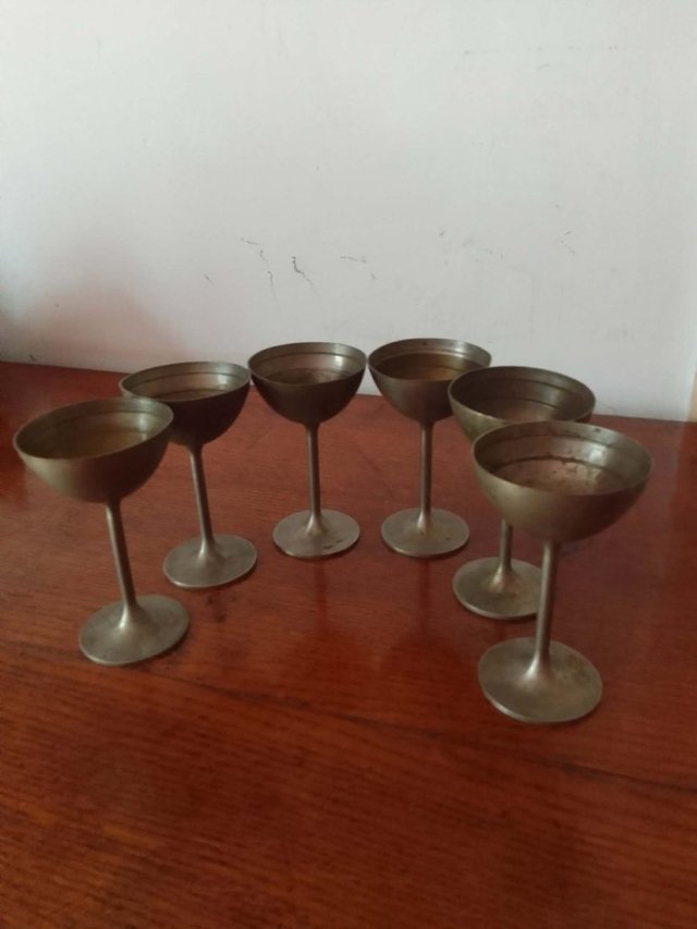 Komplet 6 kielichów z cyny – Austria, sygnowane MUO – styl vintage (lata 50–70)