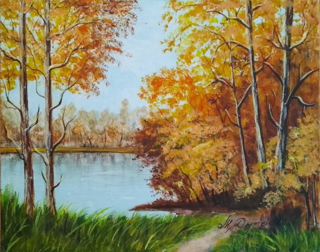 ZESTAW RĘCZNIE MALOWANYCH OBRAZÓW - DYPTYK JESIENNE DRZEWA, POLSKI PEJZAŻ 2x 24x30cm