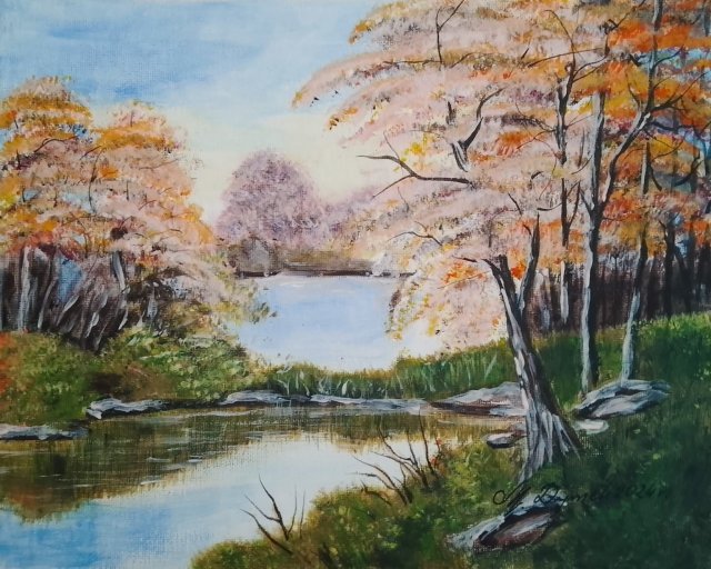 ŚLICZNY RĘCZNIE MALOWANY OBRAZ "W LILIOWYM POMARAŃCZU", POLSKI PEJZAŻ - 24x30cm