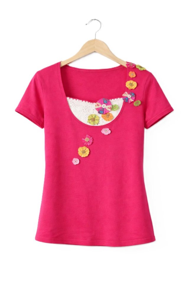 Unikatowy T-shirt vintage aplikacje kwiaty fuksja