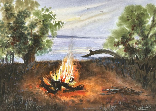 Wieczorne ognisko nad rzeką 30/42cm. Original Akwarela A3