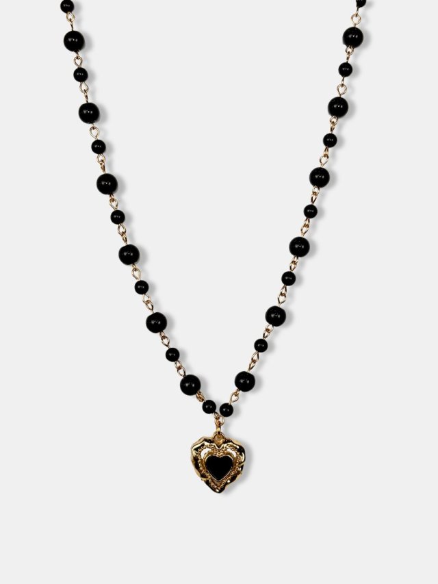 Złoty naszyjnik z sercem - czarny onyks i agat