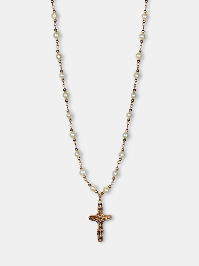 Naszyjnik z Prawdziwych Pereł z Pozłacanym Krzyżem | Srebro Pozłacane i Stal Chirurgiczna | Różaniec Damski | Prezent na Komunię i Ślub