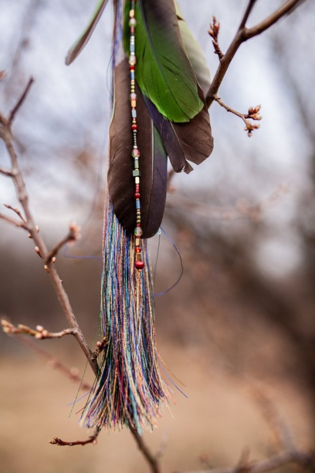 Leć gdzie chcesz III - pojedynczy  kolczyk z piórami papugi i kryształami