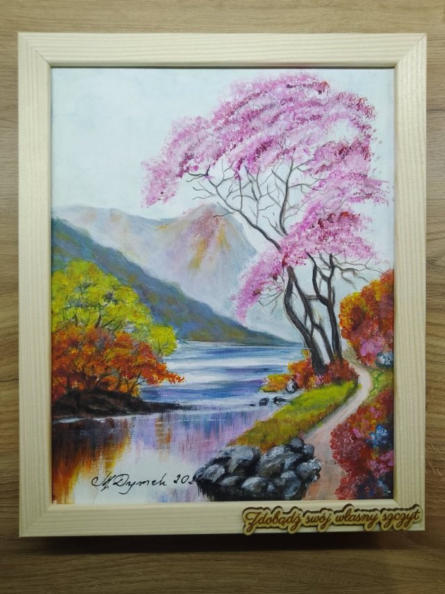 RĘCZNIE MALOWANY OBRAZ Z RAMĄ I INSPIRUJĄCYM MOTTEM MOTYWACYJNYM - POLSKI PEJZAŻ "TANIEC Z BARW" 30x24cm