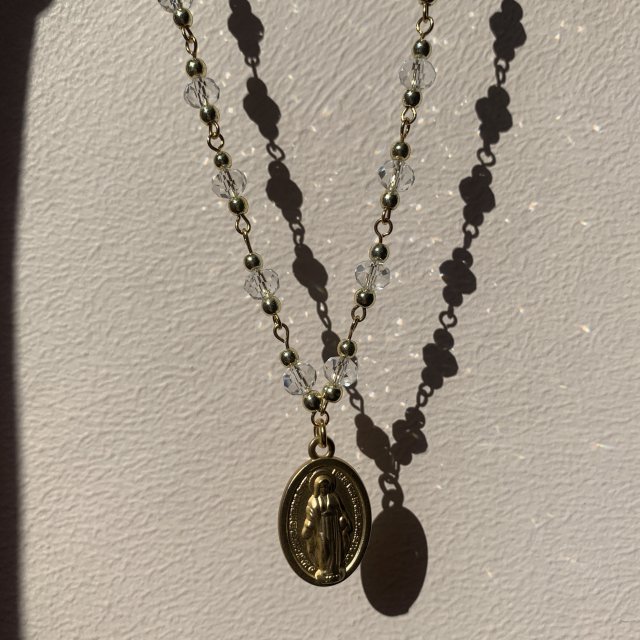Naszyjnik z Medalikiem Matki Boskiej | Kryształowe Koraliki | Pozłacana Stal Chirurgiczna | Ślub Prezent na Komunię