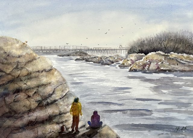 Relaks nad rzeką 30x42 cm original Akwarela