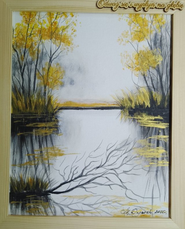 POMYSŁ NA SPERSONALIZOWANY PREZENT- RĘCZNIE MALOWANY OBRAZ Z RAMĄ I CYTATEM- POLSKI PEJZAŻ ZE ZŁOTYMI REFLEKSAMI
