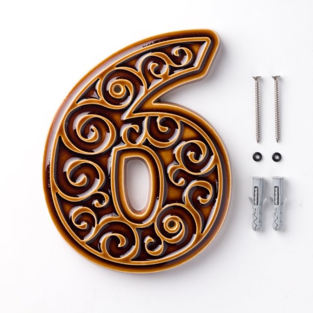 Numer domu, cyfra 6 miodowo-brązowa, do przykręcenia