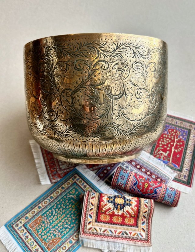 Antique Decorative Jardiniere ❤ Indian Engraved Bronze/Brass  - Hand Carved ❤ Ręczny florystyczno postaciowy grawerunek ❤ Duży roz