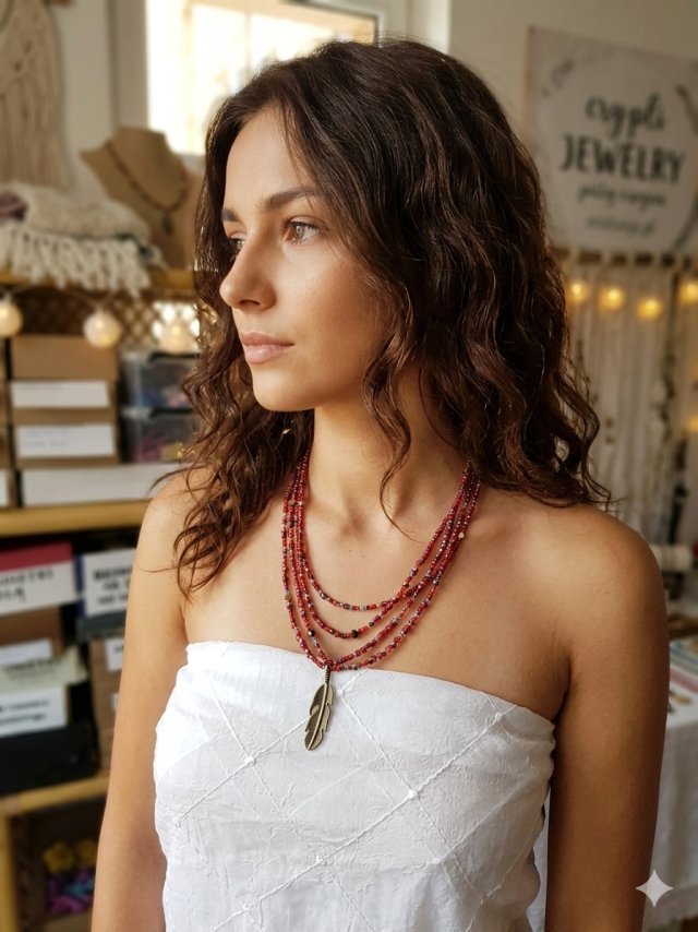 Długi Naszyjnik Boho - Wielowarstwowe Czerwone Korale z Zawieszką Piórkiem