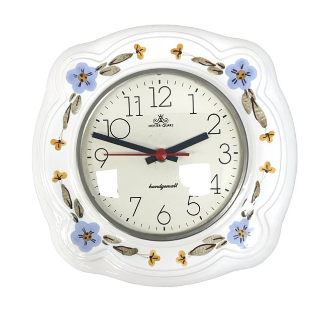 Zegar Ścienny Ceramiczny Meister-Quarz — Ręcznie Malowany, Motywy Kwiatowe, Niemcy Lata 70./80. XX w.