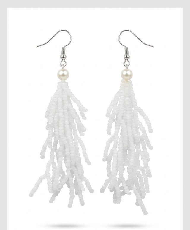 Długie Kolczyki Boho z Białych Koralików – Ślubne Kolczyki Chwosty z Perłą