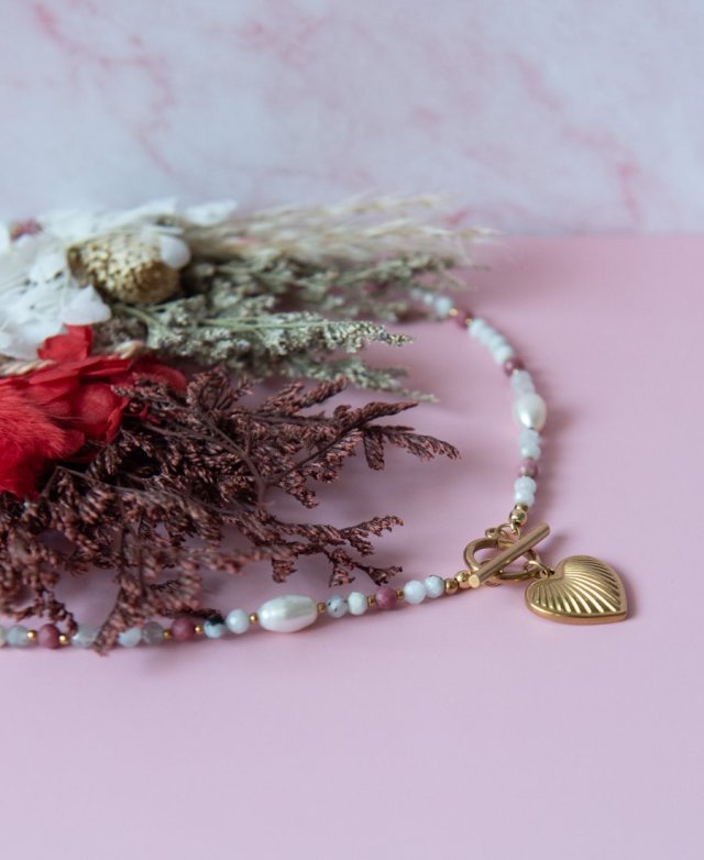 Naszyjnik AMOUR - kamień księżycowy, rodochrozyt i perła słodkowodna