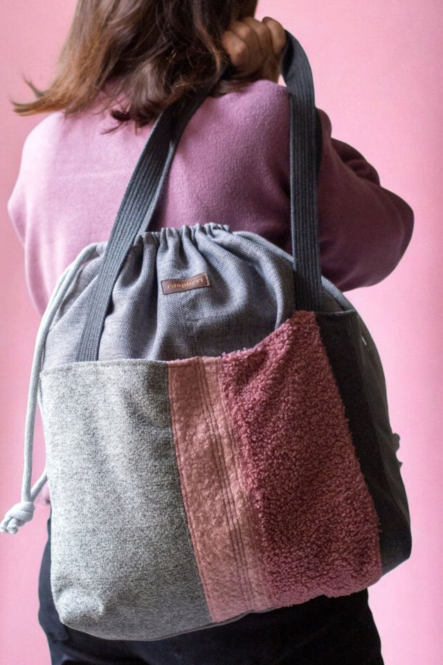 Duża szaro-różowa torba z kominem patchwork