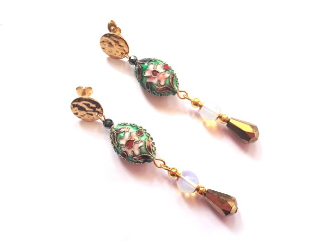 ZIELONE CLOISONNE Z OPALEM W ZŁOCIE - DŁUGIE KOLCZYKI
