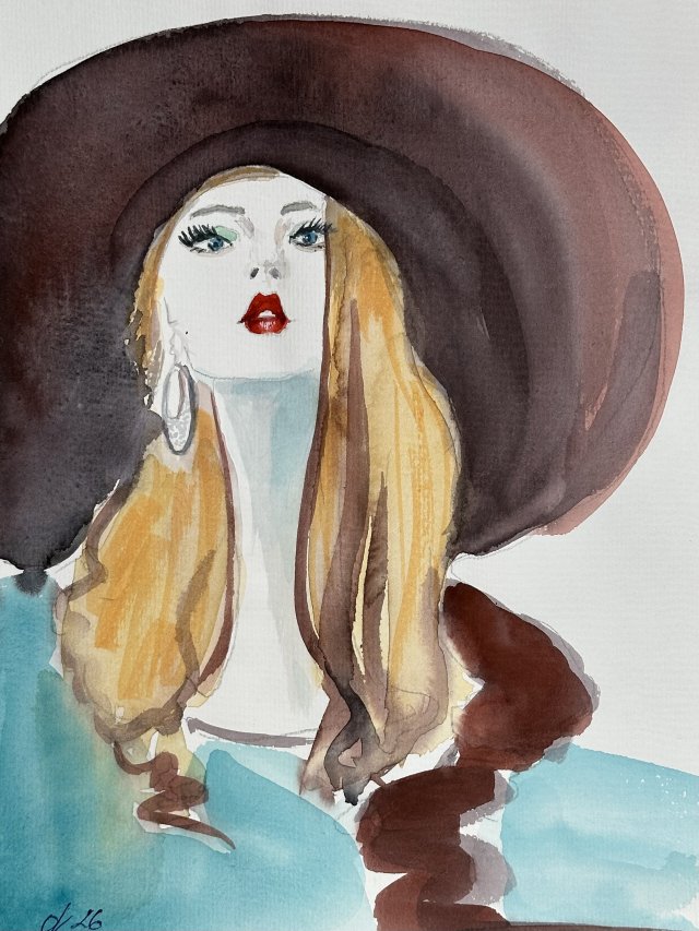 Dziewczyna w kapeluszu, 30*21cm, Original Akwarela